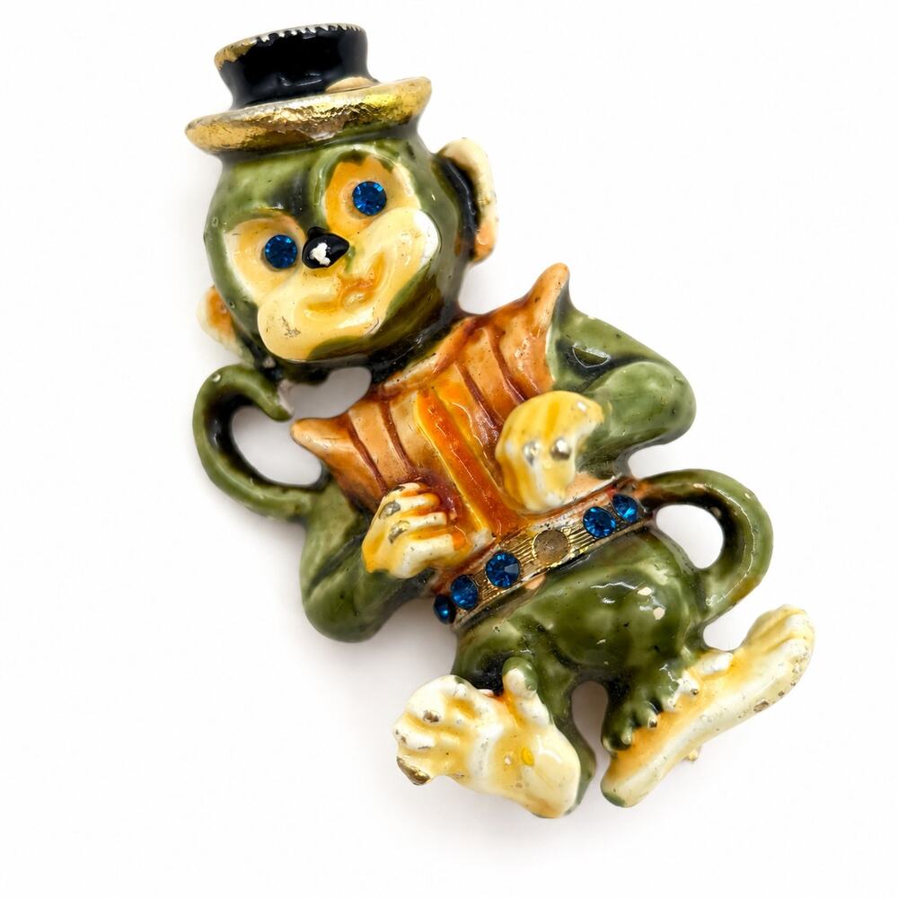 VTG 1960s HAR Signed Vintage Carnival Organ Grinder Monkey Enamel Pin Brooch